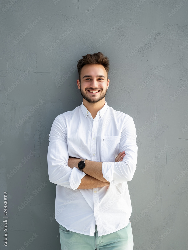 Portrait von einem junger geschäftlicher Mann vor einer grauen Wand mit verschränkten Armen sehr modern angezogen ist zufrieden und lacht Portrait von einem junger geschäftlicher Mann vor einer grauen Wand mit verschränkten Armen sehr modern angezogen ist zufrieden und lacht