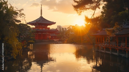 Serene sunset behind a traditional asian pagoda reflected in tranquil waters. calm, scenic, and cultural landscape view. perfect for travel and meditation themes. AI