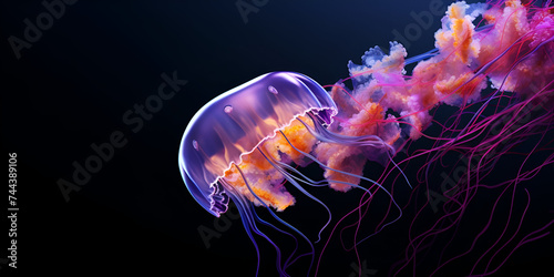 Graceful Jellyfish Dance A mesmerizing jellyfish floating through the depths of the ocean, jellyfish on a black background