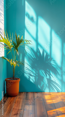 Palme in einem turkis oder blauen Raum am Fenster wird angeläuchtet vielleicht als Hintergrundbild für ein Plakat photo