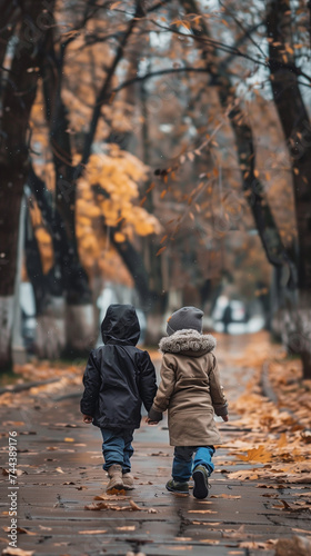 Ein herzliches Paar Kinder gehen Händchen haltend durch den Park im Herbst photo