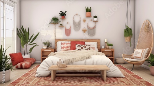 Artistic Boho Bedroom with Gallery Wall and Macrame Accents Design a bohemian-inspired bedroom that showcases your artistic flair and free-spirited style