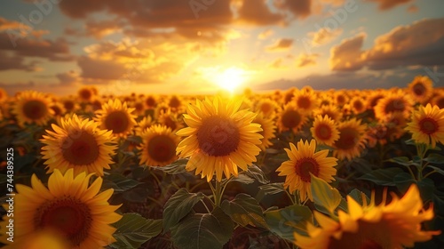 Summer landscape: beauty sunset over sunflowers field. Beautiful sunset over sunflowers field