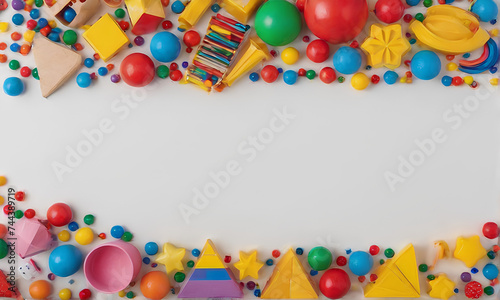 Baby kids toys banner background. Colorful educational toys on white background