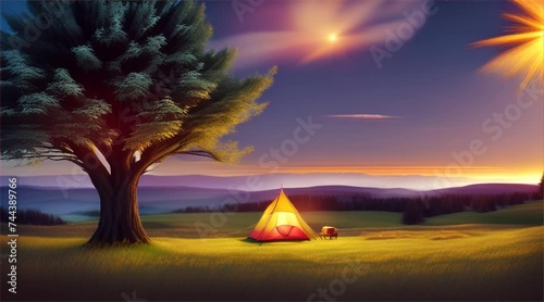 Camping in the mountain forest under a sunset sky with a tent photo