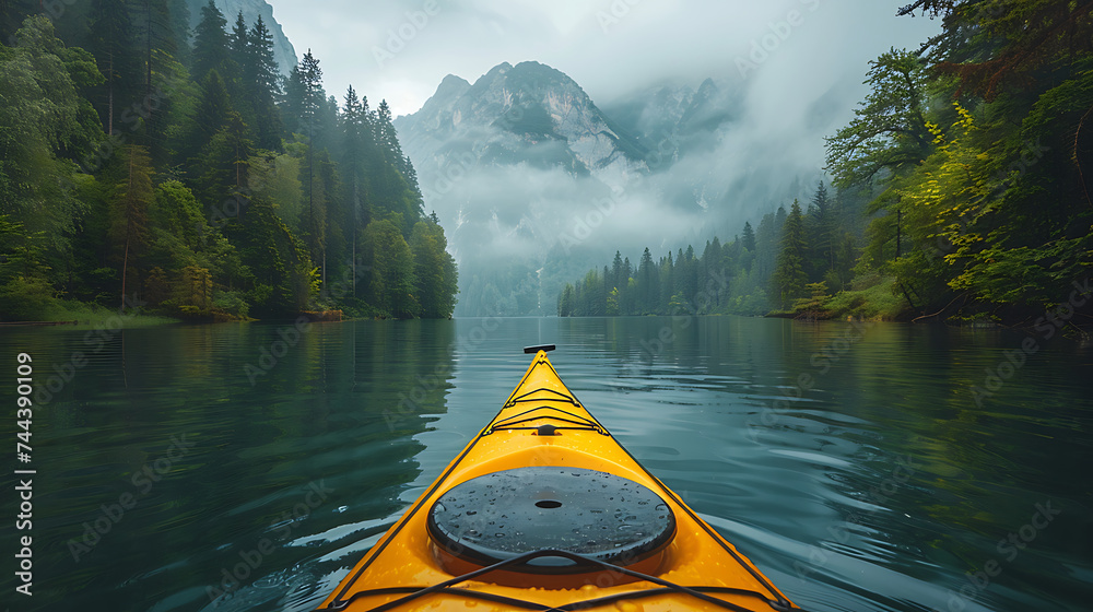 Kayaking boat on an idyllic mountain lake with beautiful view AI Image Generative. AI Image Generative - obrazy, fototapety, plakaty 