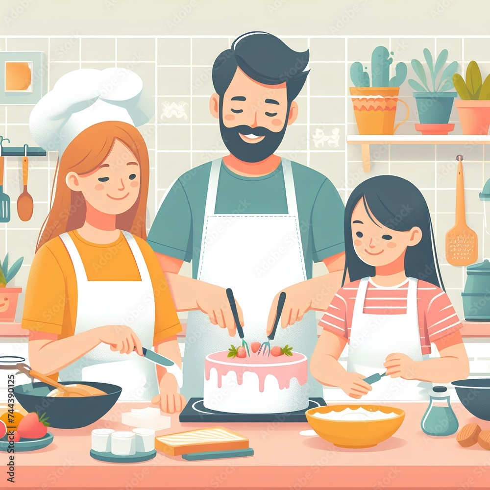 Happy family illustration. father, mother, and daughter making cake in kitchen Happy family illustration. father, mother, and daughter making cake in kitchen