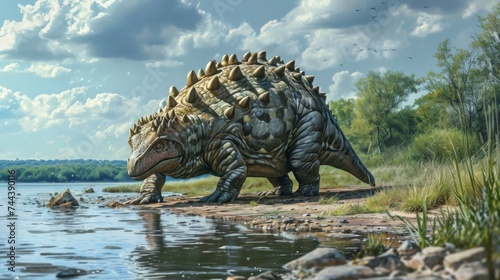 A lone Ankylosaurus can be seen lounging by the water using its armored back to protect itself from predators. © Justlight