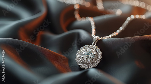 Luxury Jewelry Platinum Necklace with Diamonds on Dark Background, Elegant Accessory for Formal Occasions, Glamorous Fashion Jewelry for Special Events, High-End Diamond Necklace, Generative AI

