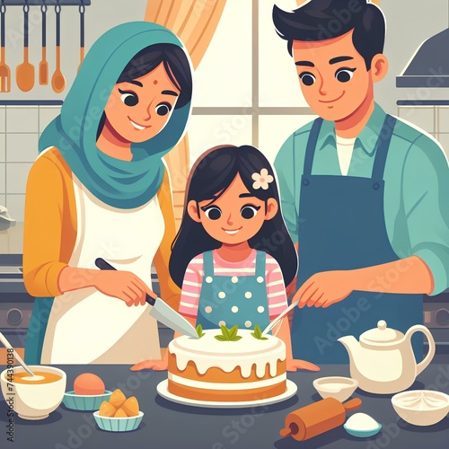 close up illustration of father, mother, and daughter making cake in kitchen