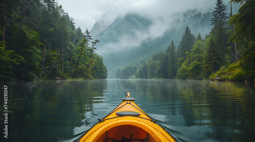 Kayaking boat on an idyllic mountain lake with beautiful view AI Image Generative. AI Image Generative photo