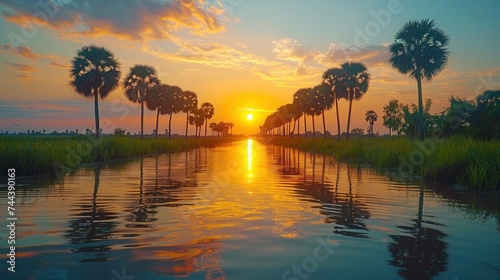 Sugar palm trees on the paddy field in sunrise, with skyline reflection on pond at sunrise