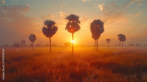Sugar palm trees on the paddy field in sunrise, with skyline reflection on pond at sunrise