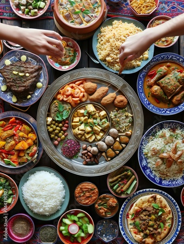 a hands-over feast with diverse foods: Multicultural Hands-Over Feast Celebration