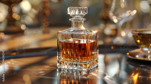 A crystal-clear crystal decanter filled with rare aged whiskey, capturing the spirit of celebration on a crystal-clear surface.