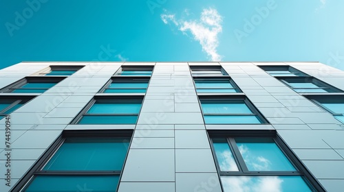 Facade of a modern apartment building with blue sky background
