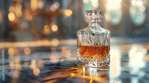 A crystal-clear crystal decanter filled with rare aged whiskey, capturing the spirit of celebration on a crystal-clear surface. photo