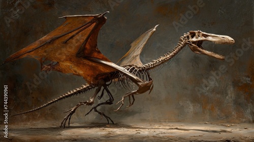 The delicate bones of a pterodactyl are strewn about its wingspan now mere skeletal remnants of its former glory.