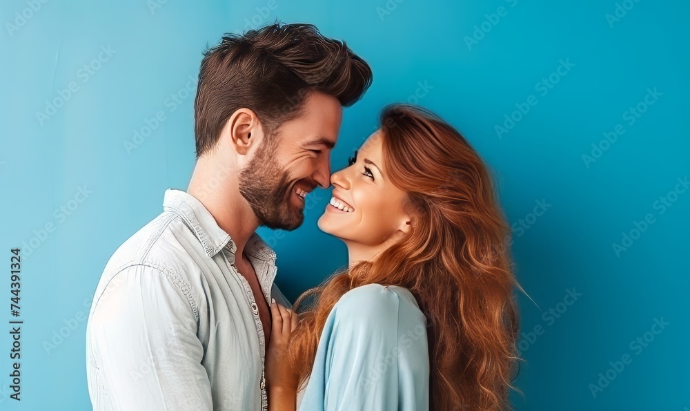 Portrait of smiling romantic couple looking each other, insulated on blue background. A handsome bearded man and a beautiful woman standing together outdoors. Love, relationship conception Portrait of smiling romantic couple looking each other, insulated on blue background. A handsome bearded man and a beautiful woman standing together outdoors. Love, relationship conception