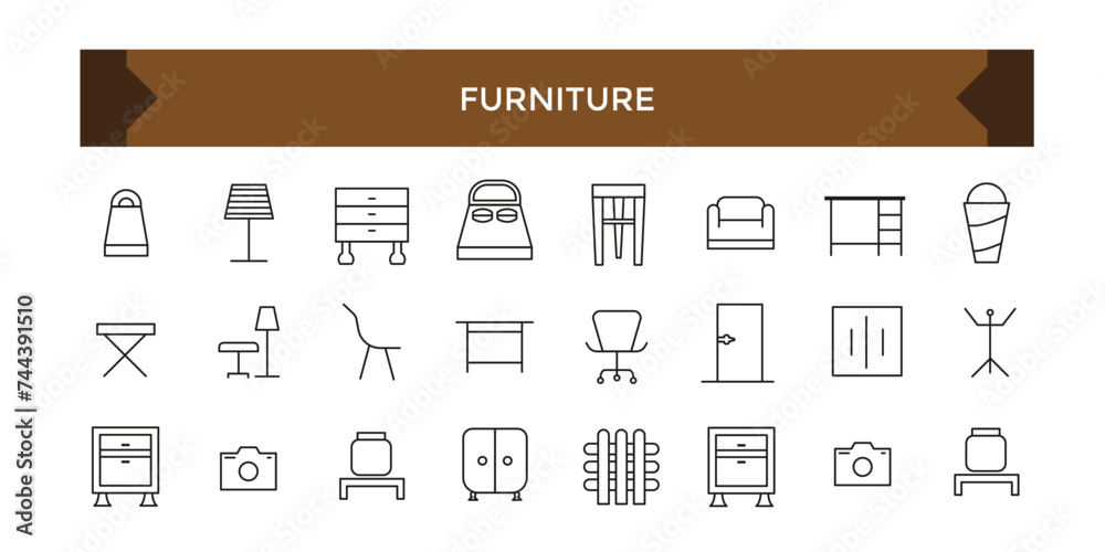 Furniture flat line icons set. House modern interior indoor and outdoor furniture icons set.