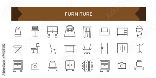 Furniture flat line icons set. House modern interior indoor and outdoor furniture icons set.
