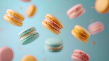 Macarons Floating on Air Isolated on Clean Background, Colorful French Dessert Delicacy, Sweet Confectionery Treats, Pastry Food Photography, Delicious Macaroons, Generative AI

