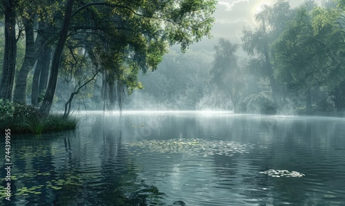 mystical beauty of a mist-shrouded lake  where ghostly tendrils of fog drift across the water s surface