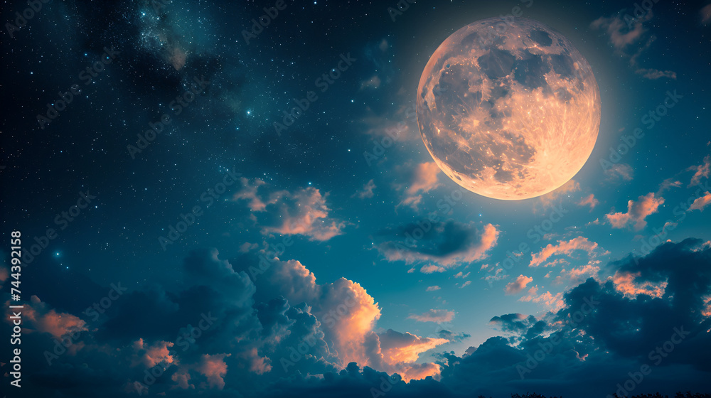 Full Moon in the Sky, Lunar Eclipse Night, Moonlight Illuminating Dark Sky, Astronomy Background with Celestial Body, Natural Phenomenon, Nighttime Sky View, Generative AI

