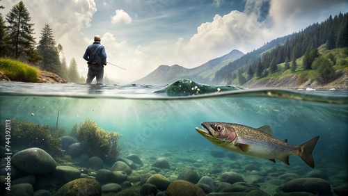 Man fishing in a lake with trout underwater