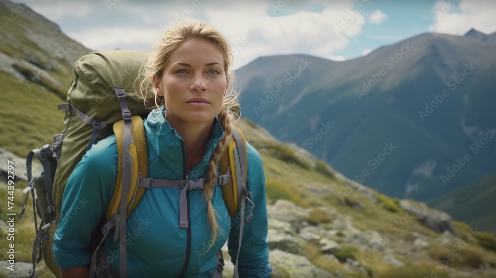 Strong female hiker with backpack pauses on path. travel concept