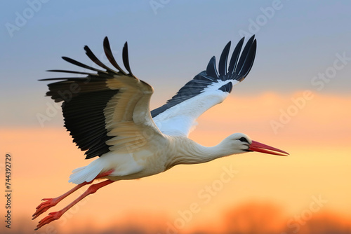 White stork flies against background of orange sunset sky. Flying bird in nature © Maksim