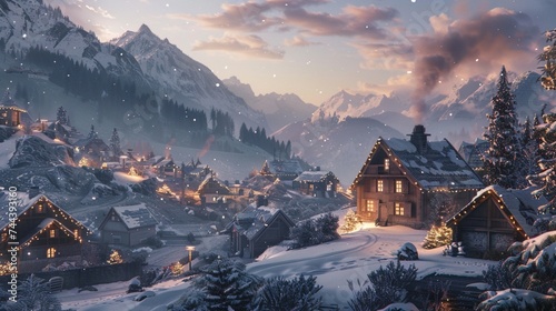 Quaint village nestled in a snowy valley, with cozy cottages adorned with twinkling lights and smoke rising from chimneys.