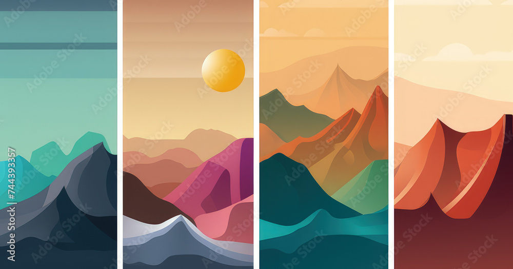 mountain, river view. Hills, clouds, sun, moon. Paper cut style. Flat abstract design. Scandinavian style illustration. Set of six hand drawn trendy Vector illustrations. Cool Backgrounds