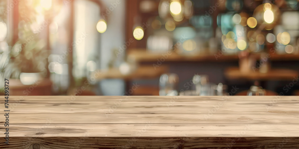 empty wooden table with blurred background in restaurant, 
