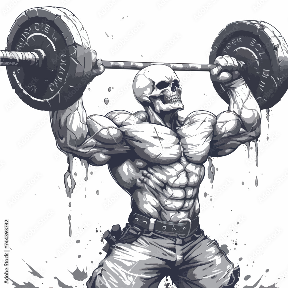 Muscle Skull man bodybuilder holding a large barbell with big weights