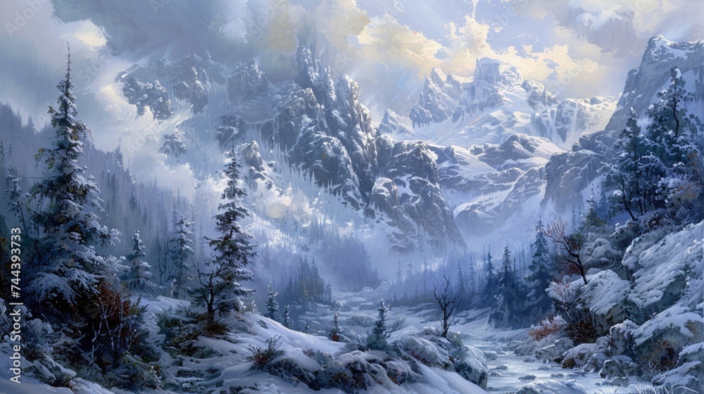Snowy mountain pass winding through rugged terrain, with icy cliffs and frosted evergreens creating a dramatic wintry scene.