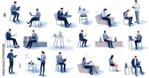 linear vector illustration set of isolated students in learning process. Distance web learning, e-learning tools, school college activity, read a book, happy students with diploma, inclusive education