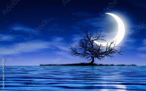 The crescent moon glows bri...