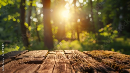 Wooden table or surface with blurred summer forest