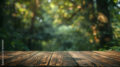 Wooden table or surface with blurred summer forest