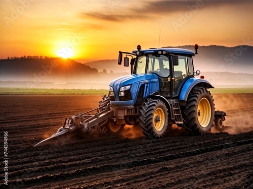 A modern tractor plows a field at dawn. Agricultural machinery in the field