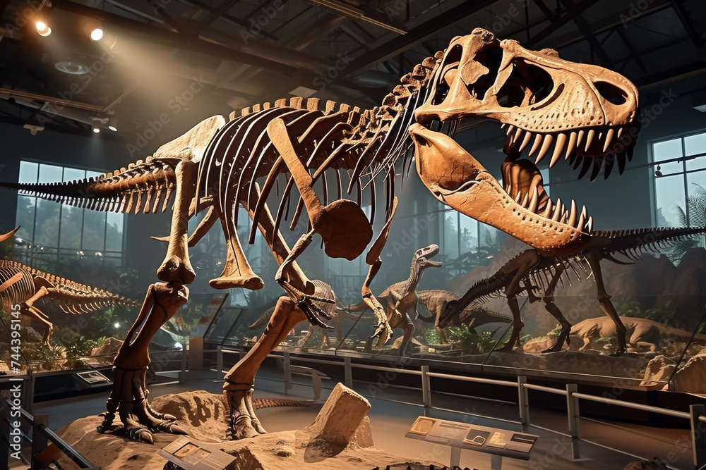Exhibition of archaeological excavations of a dinosaur skeleton in a dark hall. Background with selective focus Exhibition of archaeological excavations of a dinosaur skeleton in a dark hall. Background with selective focus