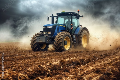 Tractor in the field. Background with selective focus and copy space