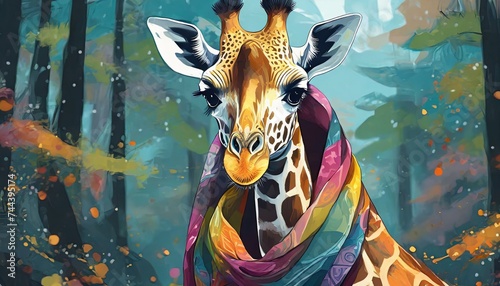 Chic Safari  A Giraffe Adorned in a Stylish Scarf with Vibrant Elegance 