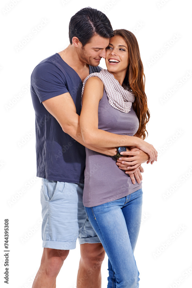 Couple, hug and smile in studio with love for romance, bonding or honeymoon date with affection. Marriage, man and woman with embrace, care or happiness for anniversary commitment on white background Couple, hug and smile in studio with love for romance, bonding or honeymoon date with affection. Marriage, man and woman with embrace, care or happiness for anniversary commitment on white background