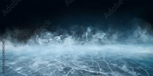 abstract frozen Hockey ice rink with smoke on dark background, studio room with smoke, empty ice room on dark blue background, banner poster design,empty dark scene, neon light, spotlights,
