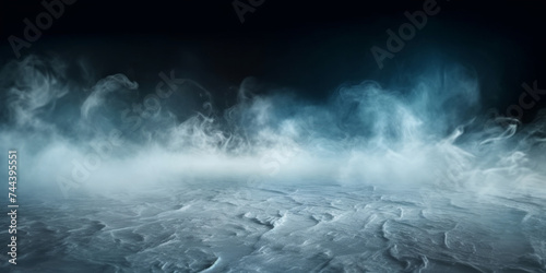 abstract frozen Hockey ice rink with smoke on dark background, studio room with smoke, empty ice room on dark blue background, banner poster design,empty dark scene, neon light, spotlights, photo