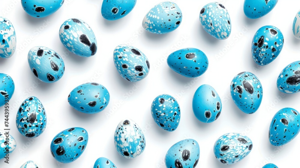 Quail and blue easter eggs on white background. Flat lay, top view. Easter pattern Quail and blue easter eggs on white background. Flat lay, top view. Easter pattern