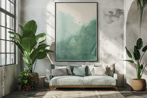 Detailed 3D render showcases a close-up of a mockup poster frame within an interior setting, highlighting realistic textures and lighting for an immersive visual experience.
