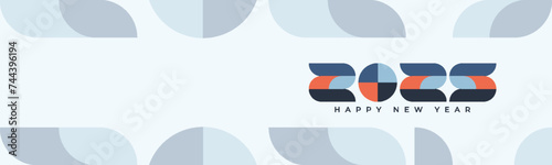2025 Happy New Year Abstract banner design in retro style made of various geometric shapes in perfect colors. Landing Page. Brochure. Card. Template.